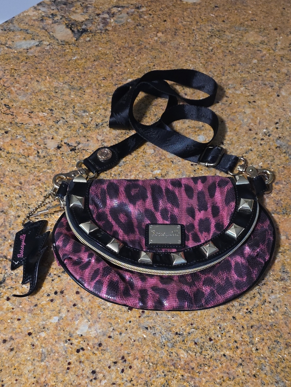 Betsey Johnson Pink and Black Leopard Crossbody with Studded Trim